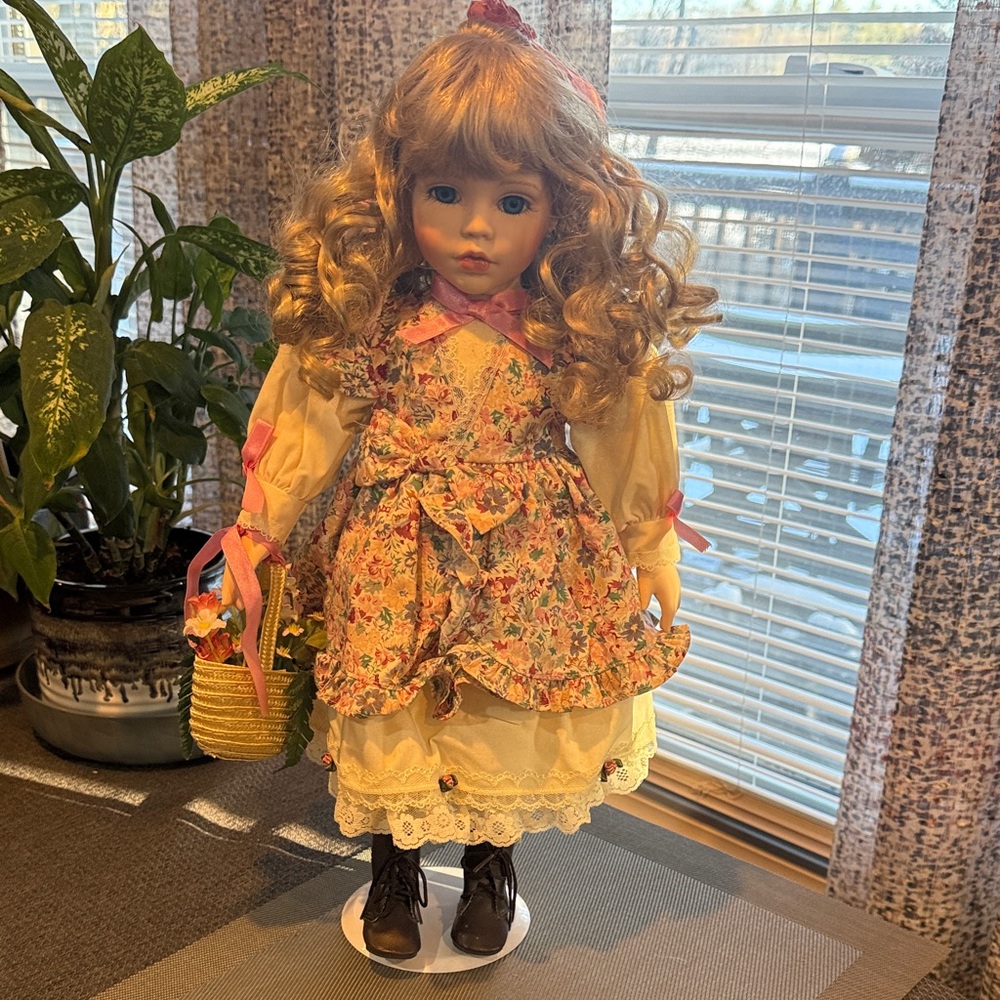 Vintage 19 inch Porcelain Doll with Stand - Picture 2 of 8